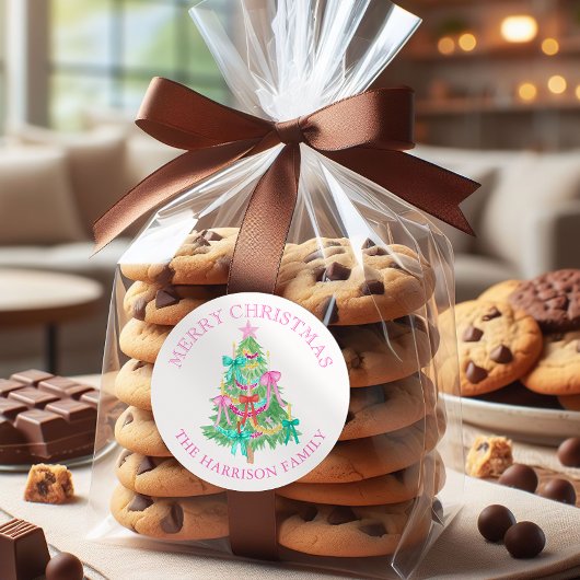 Waterverf Coquette Bows Kerstboom Ronde Sticker