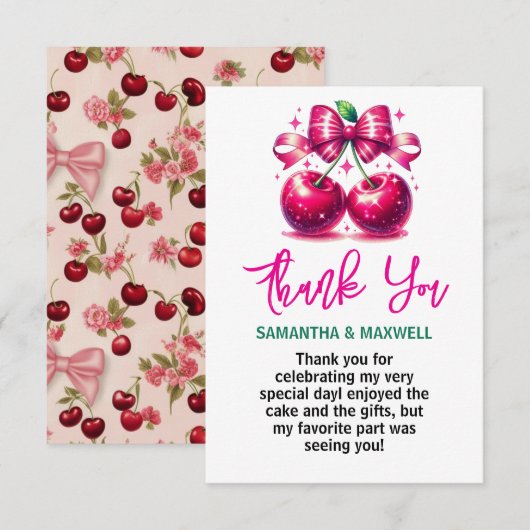 Waterverf Coquette Cherry 1e verjaardagsfeestje Bedankkaart (Voorkant / Achterkant)