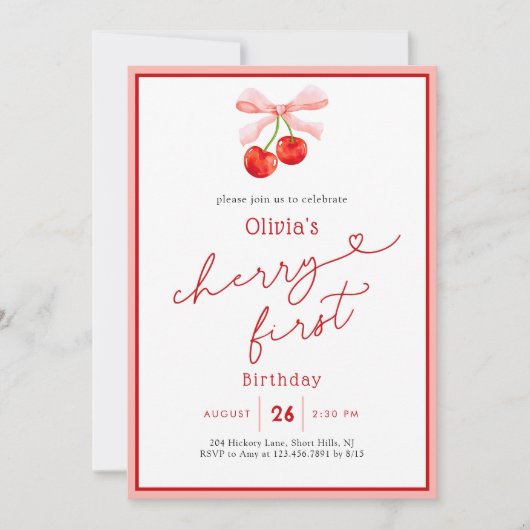 Waterverf Coquette Cherry Eerste 1e Verjaardag Kaart (Voorkant)