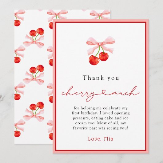 Waterverf Coquette Cherry Verjaardag bedankje Bedankkaart (Voorkant / Achterkant)