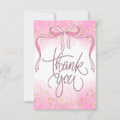Waterverf Coquette Pink Bow Gold Glitter Script Bedankkaart (Voorkant)
