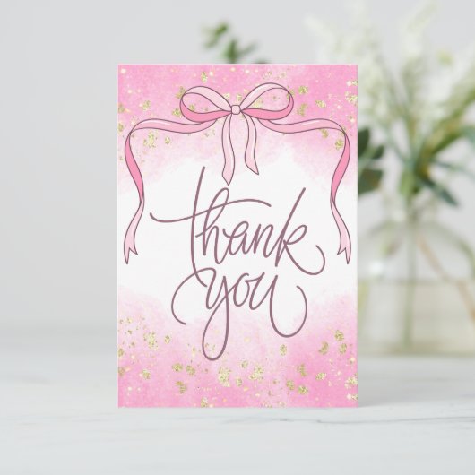 Waterverf Coquette Pink Bow Gold Glitter Script Bedankkaart (Staand voorkant)