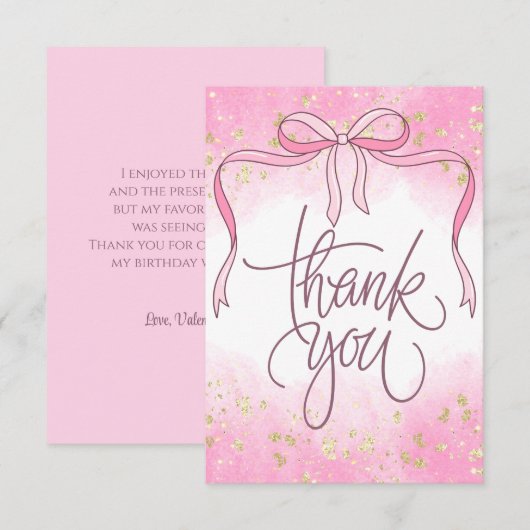 Waterverf Coquette Pink Bow Gold Glitter Script Bedankkaart (Voorkant / Achterkant)