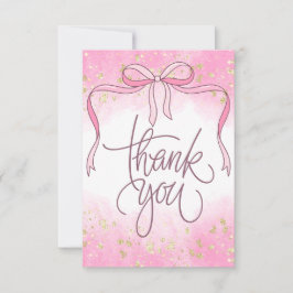 Waterverf Coquette Pink Bow Gold Glitter Script Bedankkaart