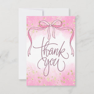 Waterverf Coquette Pink Bow Gold Glitter Script Bedankkaart