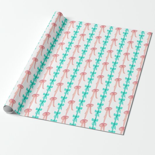 Waterverf Coquette Turquoise & Roze Bogen Cadeaupapier (Uitgerold)