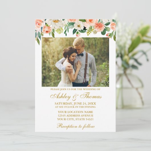 Waterverf Coral Floral Foto Weddenschap Gold Kaart (Staand voorkant)