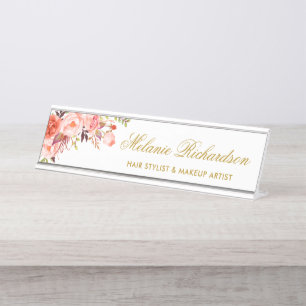 Waterverf Coral Floral Gold Name Bord Bureau Naambordje