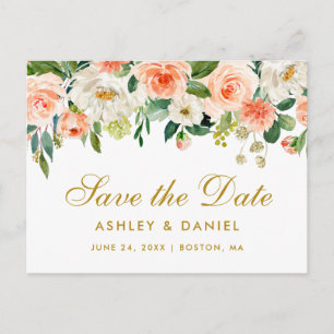 Waterverf Coral Floral Gold Save the Date Aankondigingskaart