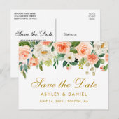 Waterverf Coral Floral Gold Save the Date Aankondigingskaart (Voorkant / Achterkant)