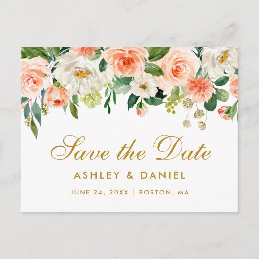 Waterverf Coral Floral Gold Save the Date Aankondigingskaart (Voorkant)