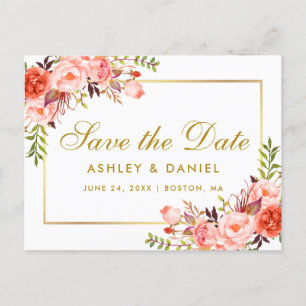 Waterverf Coral Floral Gold Save the Date Aankondigingskaart