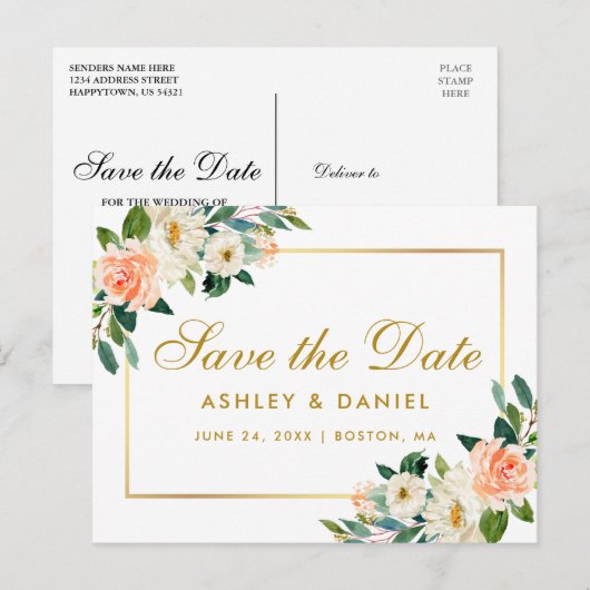 Waterverf Coral Floral Gold Save the Date Aankondigingskaart (Voorkant / Achterkant)