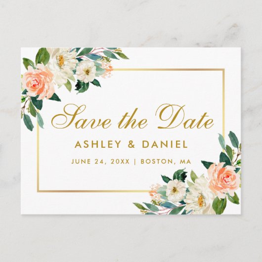 Waterverf Coral Floral Gold Save the Date Aankondigingskaart (Voorkant)