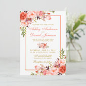 Waterverf Coral Floral Gold Wedding Kaart (Staand voorkant)