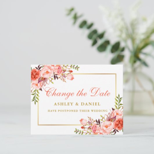 Waterverf Coral Floral Gold wijzigt de datum Briefkaart (Staand voorkant)
