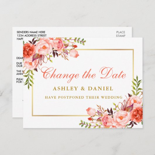 Waterverf Coral Floral Gold wijzigt de datum Briefkaart (Voorkant / Achterkant)
