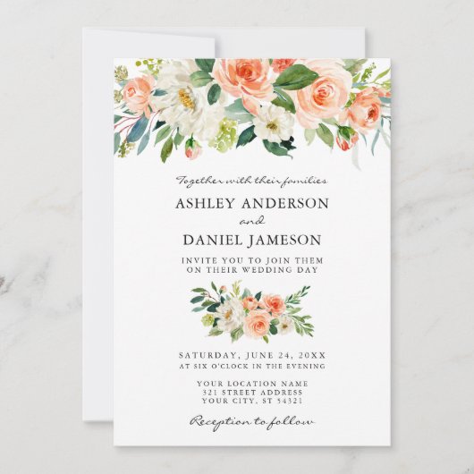 Waterverf Coral Floral Greenery Wedding W Kaart (Voorkant)