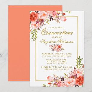 Waterverf Coral Floral Quinceanera Gold Lijst Kaart