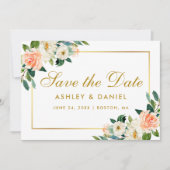 Waterverf Coral Floral Save the Date Gold Kaart (Voorkant)
