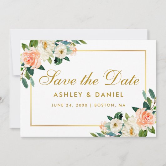 Waterverf Coral Floral Save the Date Gold Kaart (Voorkant)