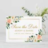 Waterverf Coral Floral Save the Date Gold Kaart (Staand voorkant)
