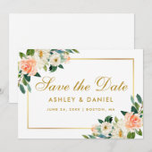 Waterverf Coral Floral Save the Date Gold Kaart (Voorkant / Achterkant)