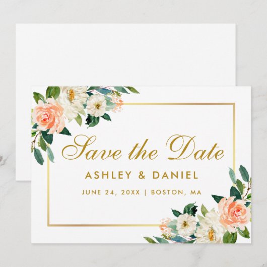 Waterverf Coral Floral Save the Date Gold Kaart (Voorkant / Achterkant)