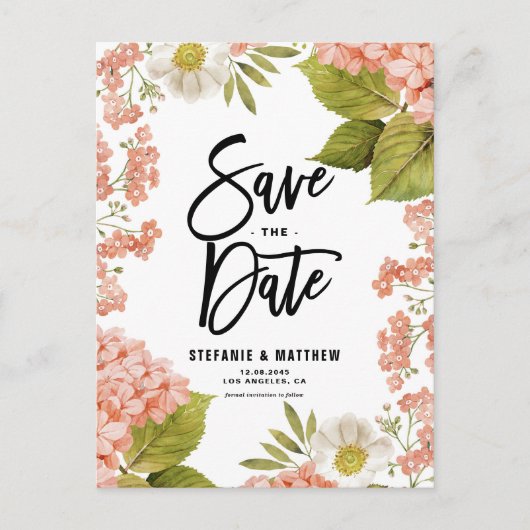 Waterverf Coral Hydrangea Floral Save the Date Aankondigingskaart (Voorkant)
