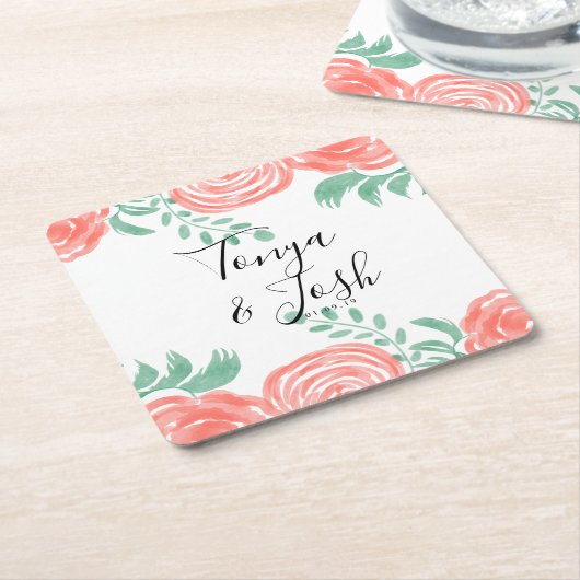 Waterverf Coral Peony Modern Wedding Kartonnen Onderzetters (Schuin)