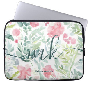 Waterverf Coral Pink Abstract Flowers Monogram Laptop Sleeve
