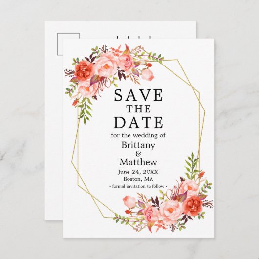 Waterverf Coral Rozen Geo Lijst sparen de Datum Briefkaart (Voorkant / Achterkant)