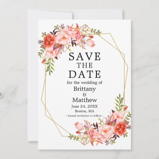 Waterverf Coral Rozen Gold Geo Lijst Save The Date (Voorkant)