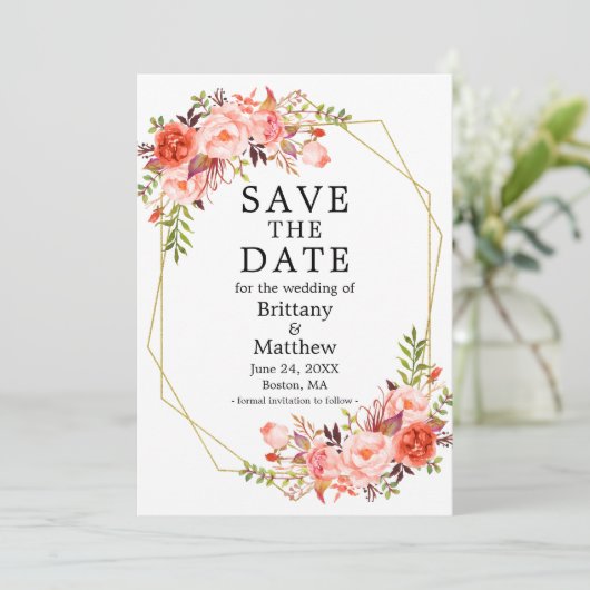 Waterverf Coral Rozen Gold Geo Lijst Save The Date (Staand voorkant)