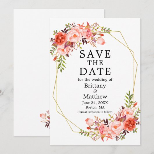 Waterverf Coral Rozen Gold Geo Lijst Save The Date (Voorkant / Achterkant)