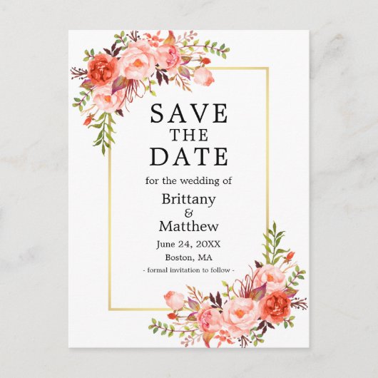 Waterverf Coral Rozen Gold Lijst sparen de datum Briefkaart (Voorkant)
