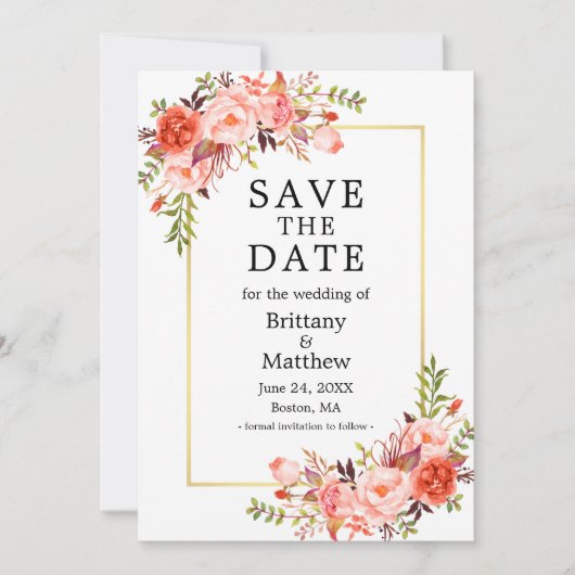 Waterverf Coral Rozen Gold Lijst sparen de datum Save The Date (Voorkant)