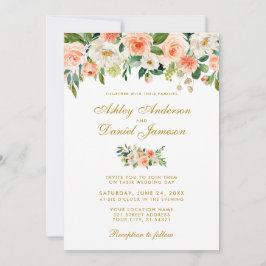 Waterverf Coral White Floral Gold Wedding Kaart