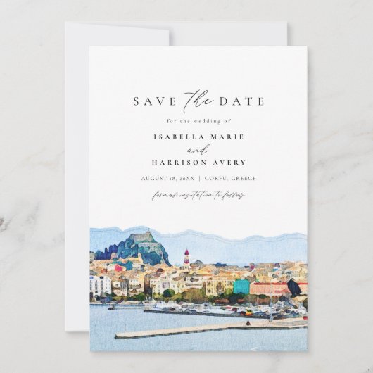 Waterverf Corfu Griekenland Kerkyra Save the Date Kaart (Voorkant)