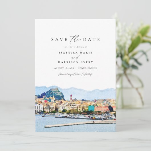 Waterverf Corfu Griekenland Kerkyra Save the Date Kaart (Staand voorkant)