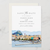 Waterverf Corfu Griekenland Kerkyra Save the Date Kaart (Voorkant / Achterkant)