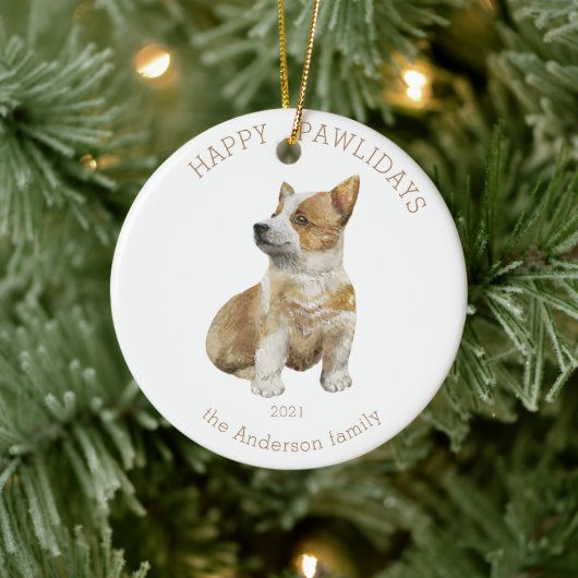 waterverf corgi happy pawlidays foto keramisch ornament (Boom)