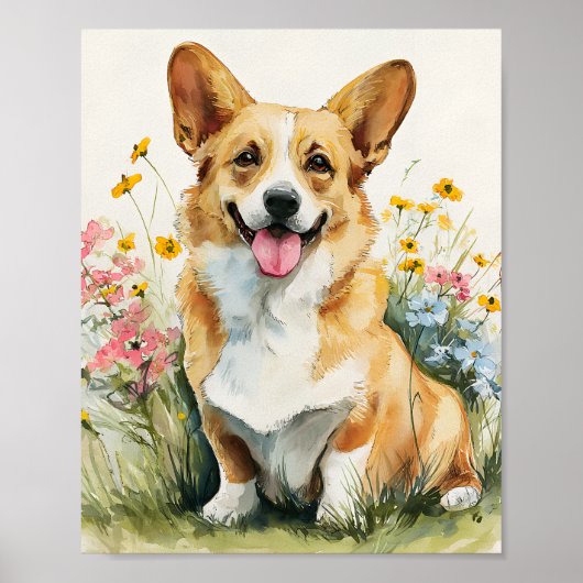 Waterverf Corgi in Wildflowers Poster – Schattigee (Voorkant)