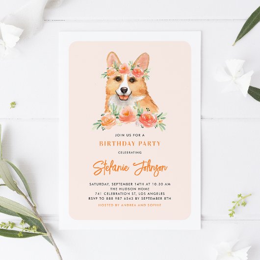 Waterverf Corgi Peach Florals Dog Birthday Party Kaart