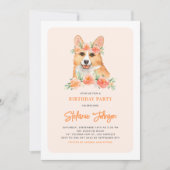 Waterverf Corgi Peach Florals Dog Birthday Party Kaart (Voorkant)