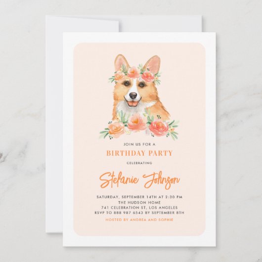 Waterverf Corgi Peach Florals Dog Birthday Party Kaart (Voorkant)