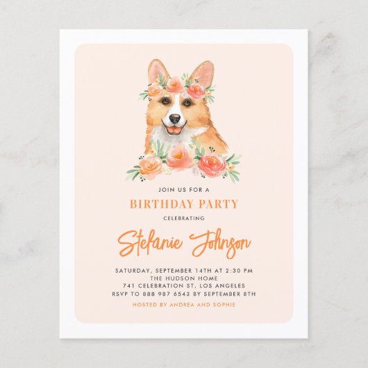Waterverf Corgi Peach Verjaardagsfeestuitnodiging (Voorkant)