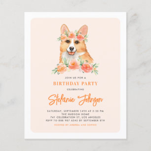Waterverf Corgi Peach Verjaardagsfeestuitnodiging