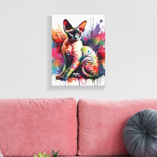 Waterverf Cornish Rex Cat Kleurrijk Portret Canvas Afdruk (Insitu (Woonkamer))