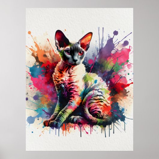 Waterverf Cornish Rex Cat Kleurrijk Portret Poster (Voorkant)